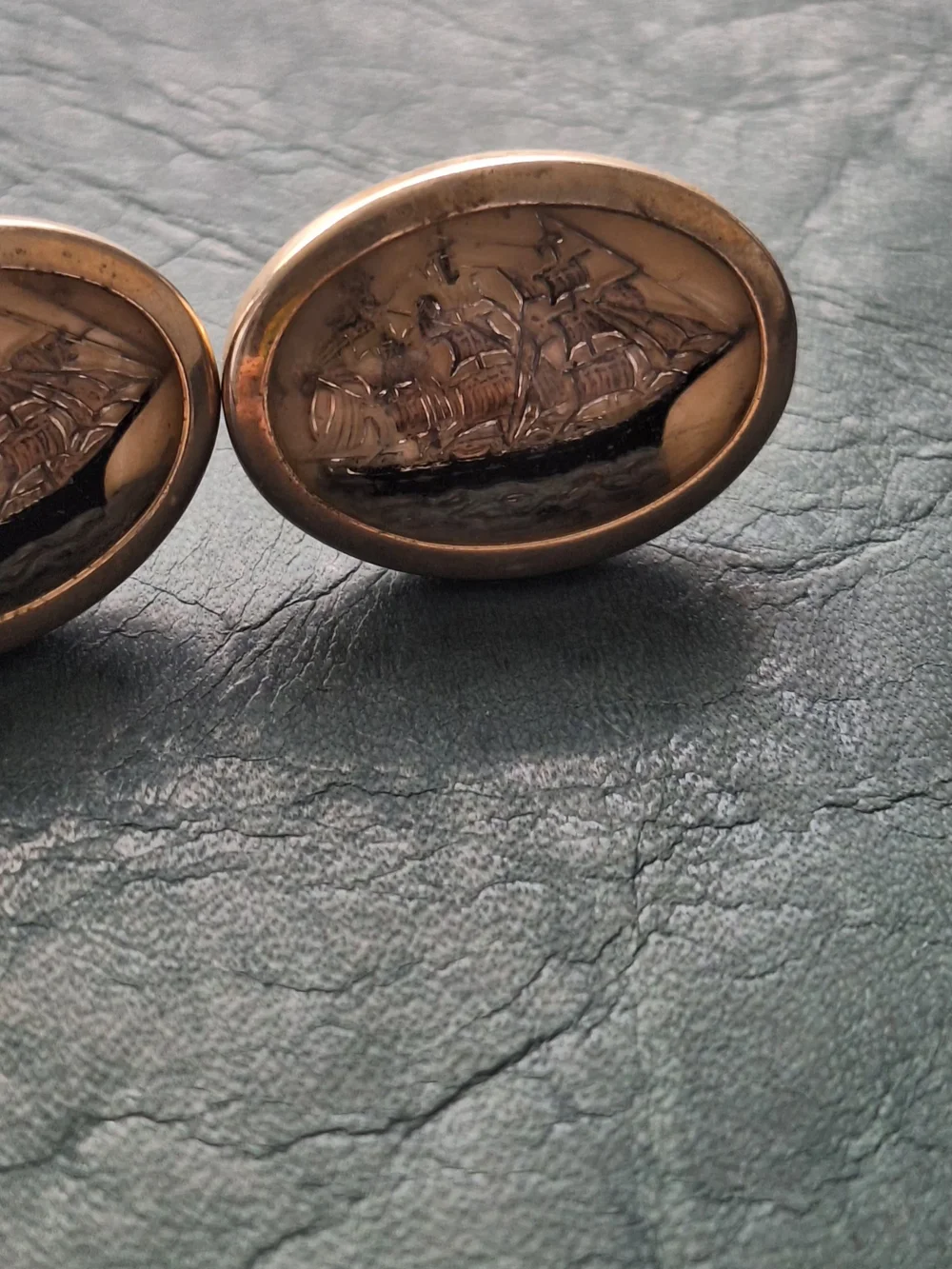 Vintage Ship Engraved Oval Cufflinks - Gold Tone Estate Sale Cuff Links